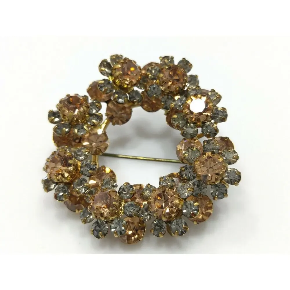 Austria Crystal Topaz Gray Rhinestone Wreath Brooch, 1950s Vintage Jewelry